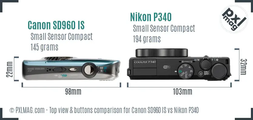 Canon SD960 IS vs Nikon P340 top view buttons comparison