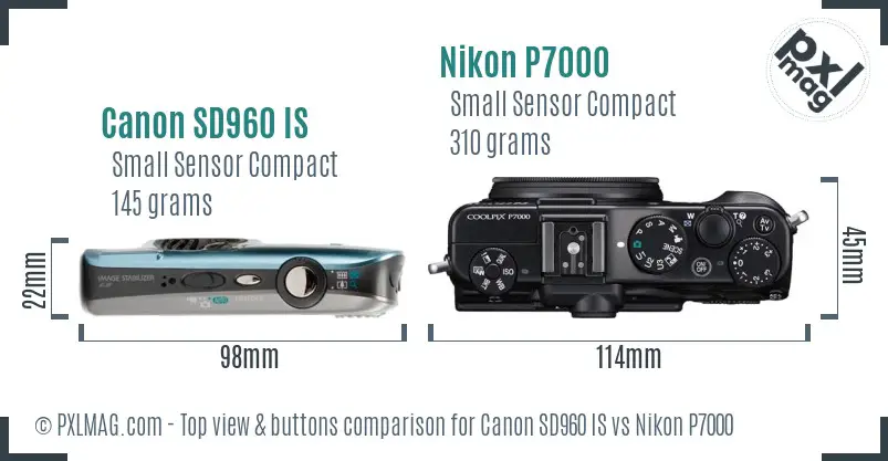 Canon SD960 IS vs Nikon P7000 top view buttons comparison
