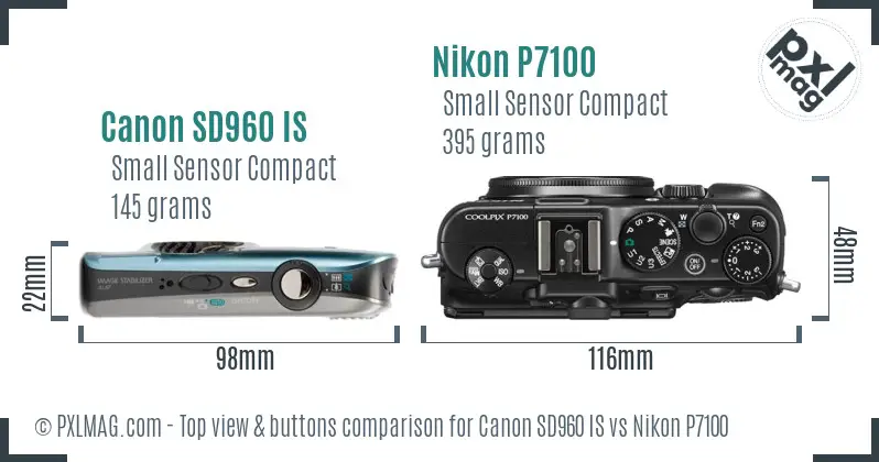 Canon SD960 IS vs Nikon P7100 top view buttons comparison