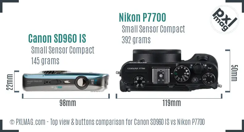 Canon SD960 IS vs Nikon P7700 top view buttons comparison