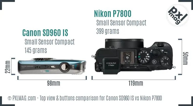 Canon SD960 IS vs Nikon P7800 top view buttons comparison