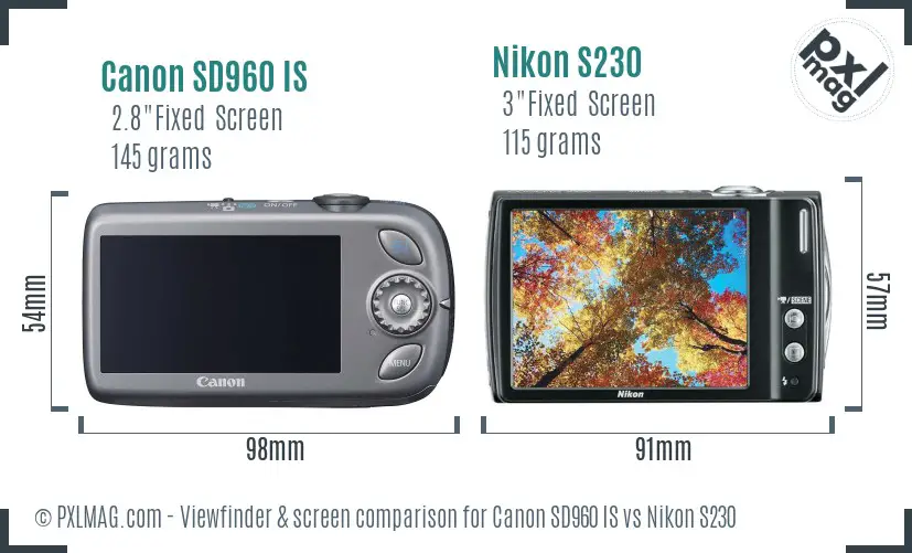 Canon SD960 IS vs Nikon S230 Screen and Viewfinder comparison