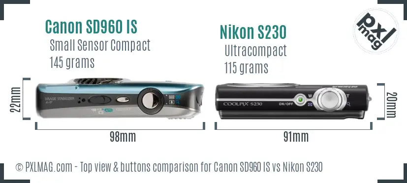 Canon SD960 IS vs Nikon S230 top view buttons comparison