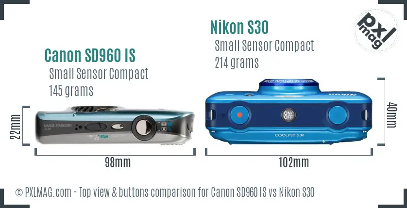 Canon SD960 IS vs Nikon S30 top view buttons comparison