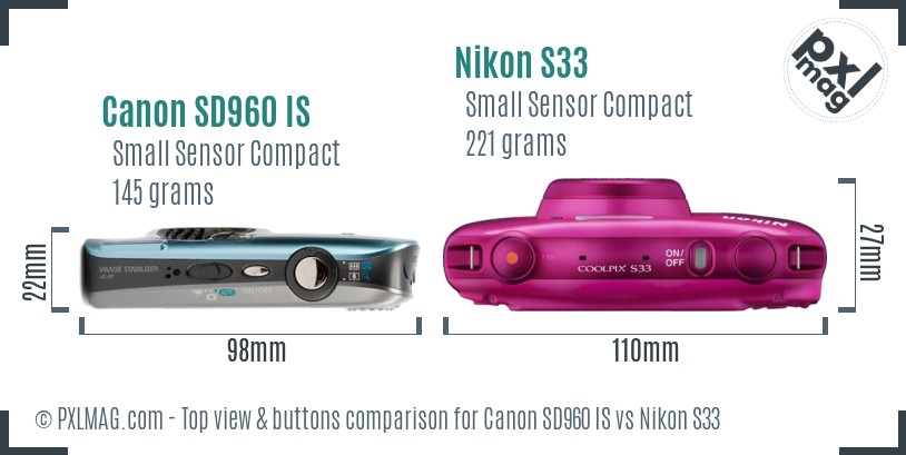 Canon SD960 IS vs Nikon S33 top view buttons comparison