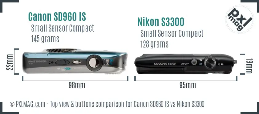 Canon SD960 IS vs Nikon S3300 top view buttons comparison