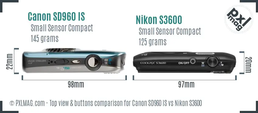 Canon SD960 IS vs Nikon S3600 top view buttons comparison Canon SD960 IS vs Nikon S3600 top view buttons comparison