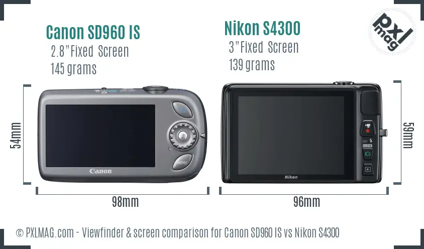 Canon SD960 IS vs Nikon S4300 Screen and Viewfinder comparison