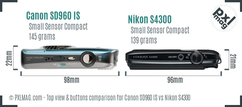 Canon SD960 IS vs Nikon S4300 top view buttons comparison