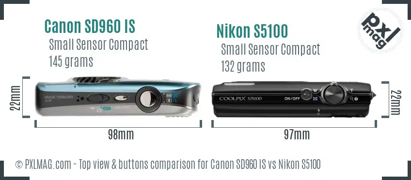 Canon SD960 IS vs Nikon S5100 top view buttons comparison