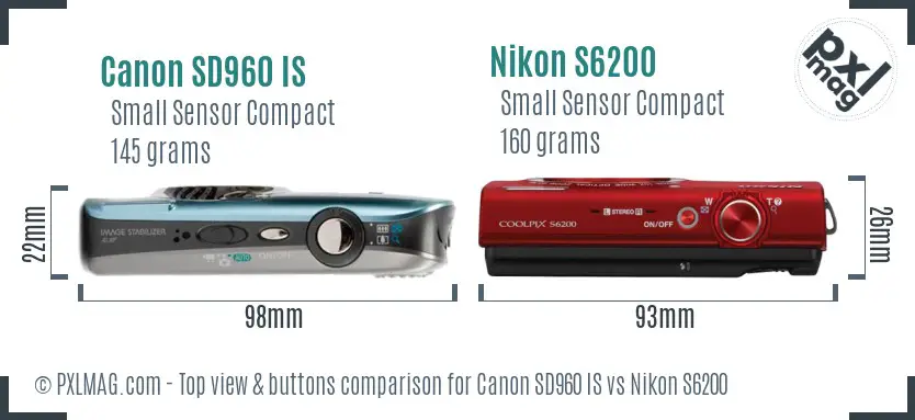 Canon SD960 IS vs Nikon S6200 top view buttons comparison