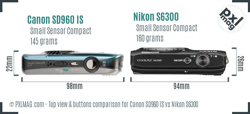 Canon SD960 IS vs Nikon S6300 top view buttons comparison
