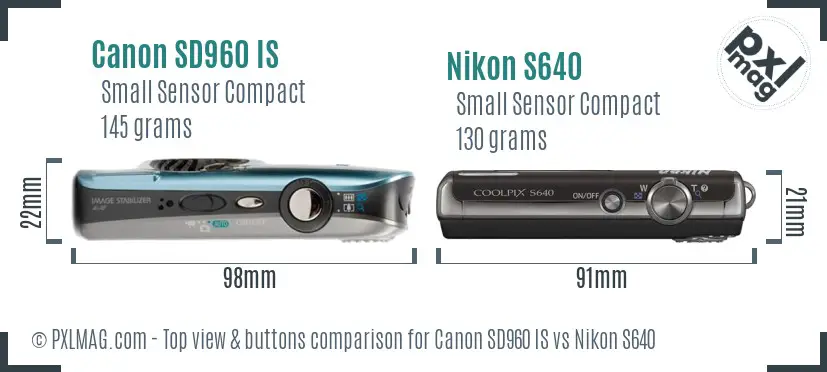 Canon SD960 IS vs Nikon S640 top view buttons comparison Canon SD960 IS vs Nikon S640 top view buttons comparison