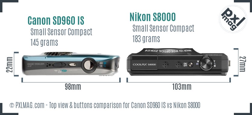 Canon SD960 IS vs Nikon S8000 top view buttons comparison