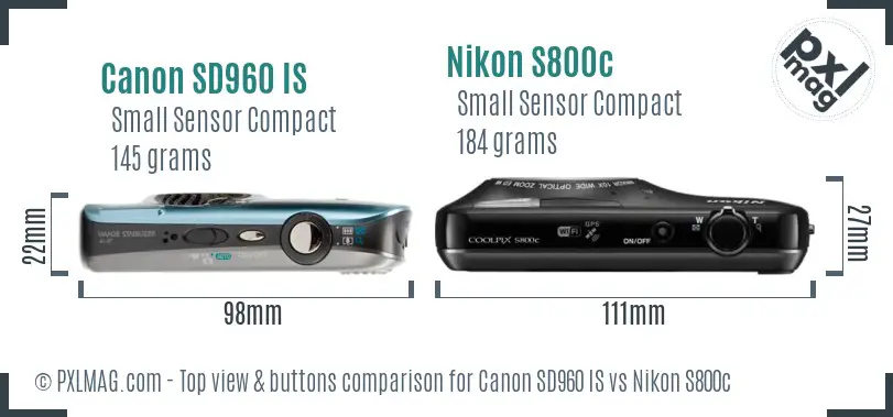 Canon SD960 IS vs Nikon S800c top view buttons comparison
