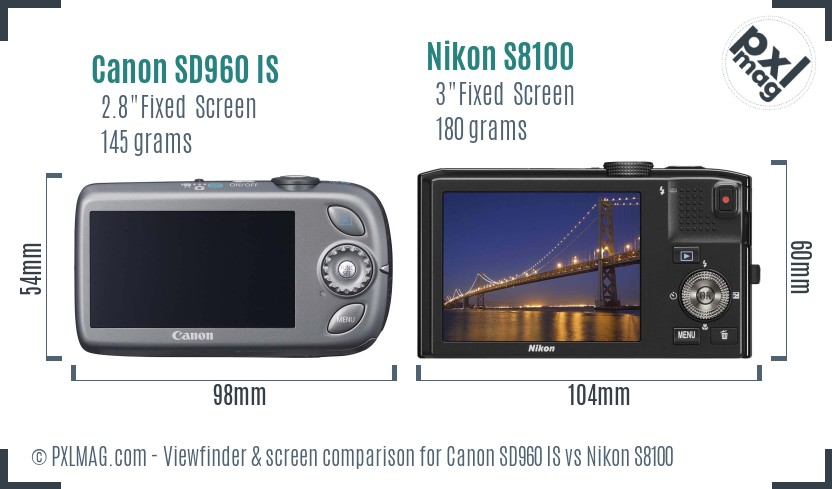 Canon SD960 IS vs Nikon S8100 Screen and Viewfinder comparison