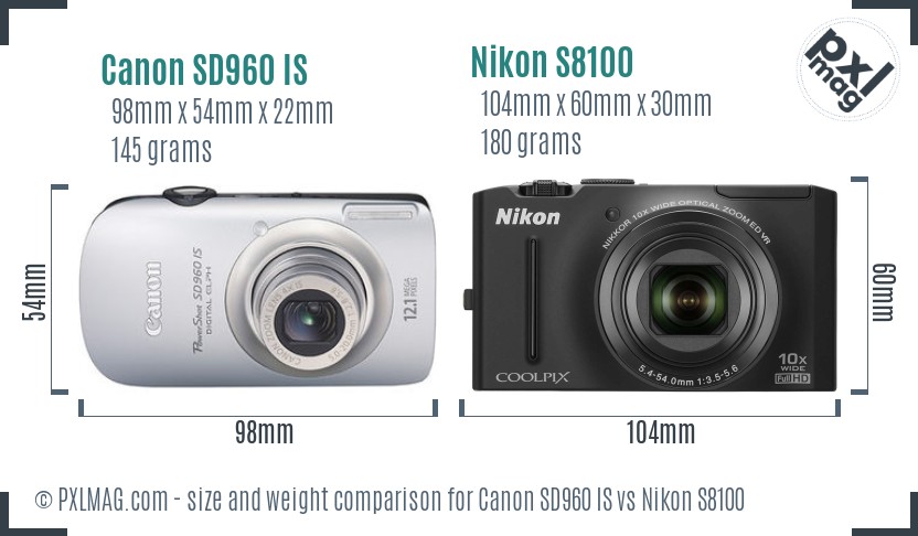 Canon SD960 IS vs Nikon S8100 size comparison
