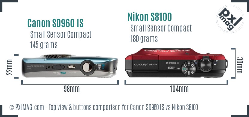 Canon SD960 IS vs Nikon S8100 top view buttons comparison