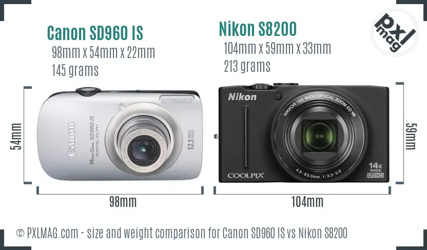 Canon SD960 IS vs Nikon S8200 size comparison