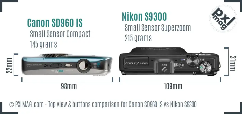 Canon SD960 IS vs Nikon S9300 top view buttons comparison