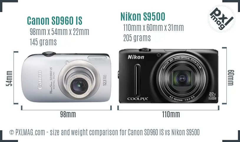Canon SD960 IS vs Nikon S9500 size comparison