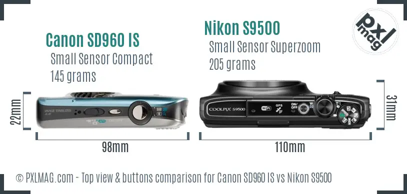 Canon SD960 IS vs Nikon S9500 top view buttons comparison