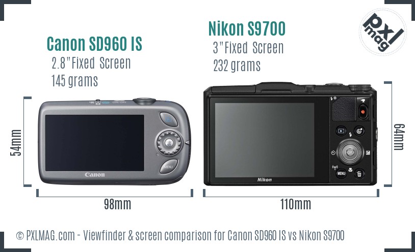Canon SD960 IS vs Nikon S9700 Screen and Viewfinder comparison