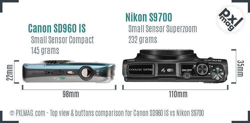 Canon SD960 IS vs Nikon S9700 top view buttons comparison