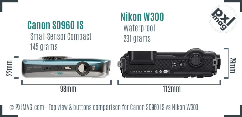 Canon SD960 IS vs Nikon W300 top view buttons comparison