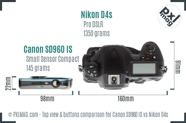 Canon SD960 IS vs Nikon D4s top view buttons comparison
