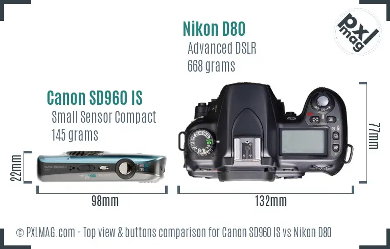 Canon SD960 IS vs Nikon D80 top view buttons comparison