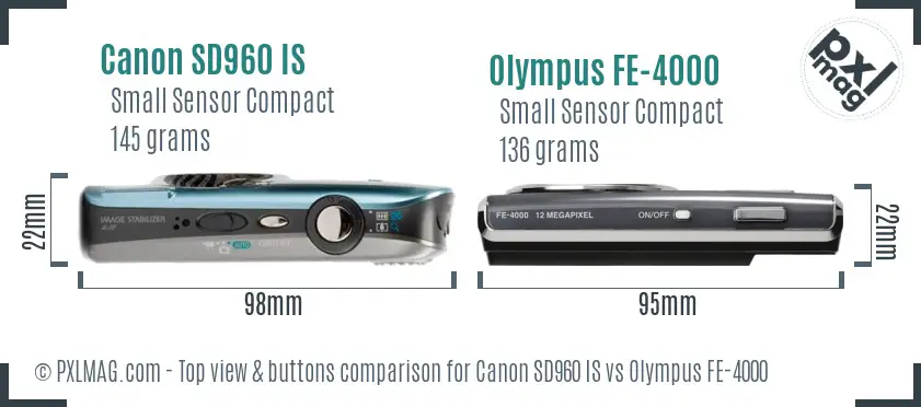 Canon SD960 IS vs Olympus FE-4000 top view buttons comparison Canon SD960 IS vs Olympus FE-4000 top view buttons comparison