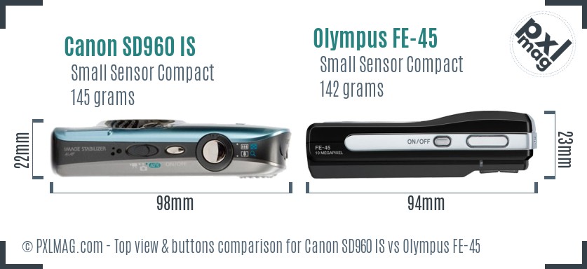 Canon SD960 IS vs Olympus FE-45 top view buttons comparison