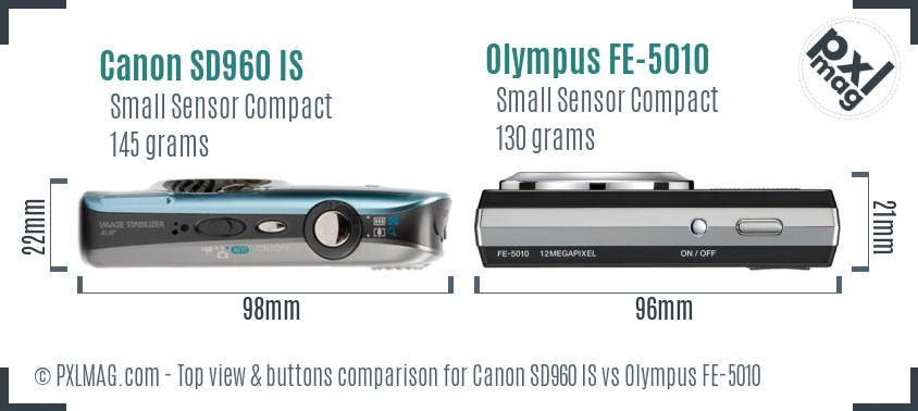 Canon SD960 IS vs Olympus FE-5010 top view buttons comparison
