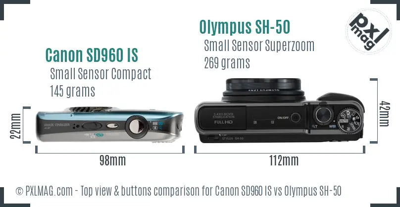 Canon SD960 IS vs Olympus SH-50 top view buttons comparison