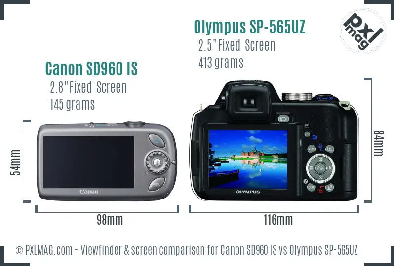 Canon SD960 IS vs Olympus SP-565UZ Screen and Viewfinder comparison