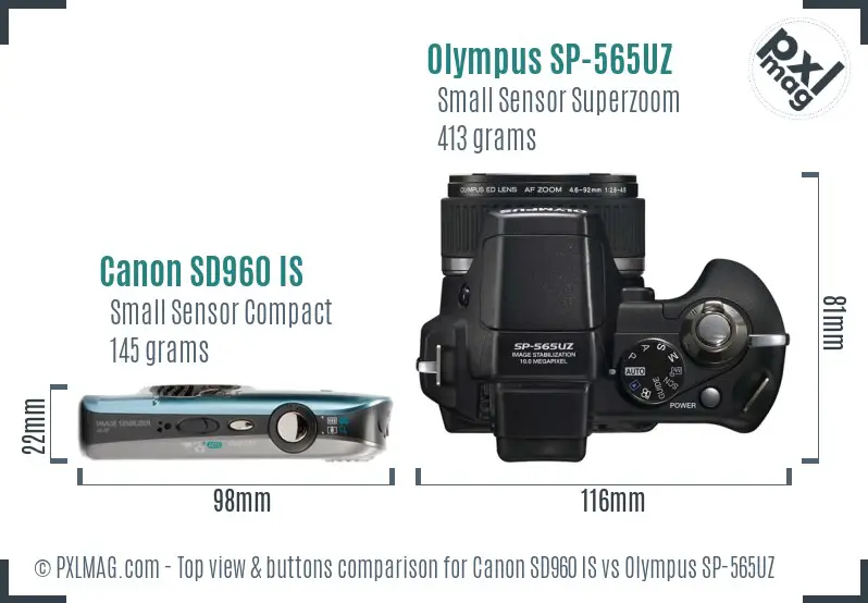 Canon SD960 IS vs Olympus SP-565UZ top view buttons comparison