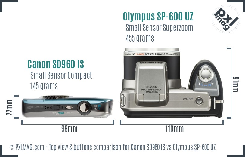 Canon SD960 IS vs Olympus SP-600 UZ top view buttons comparison