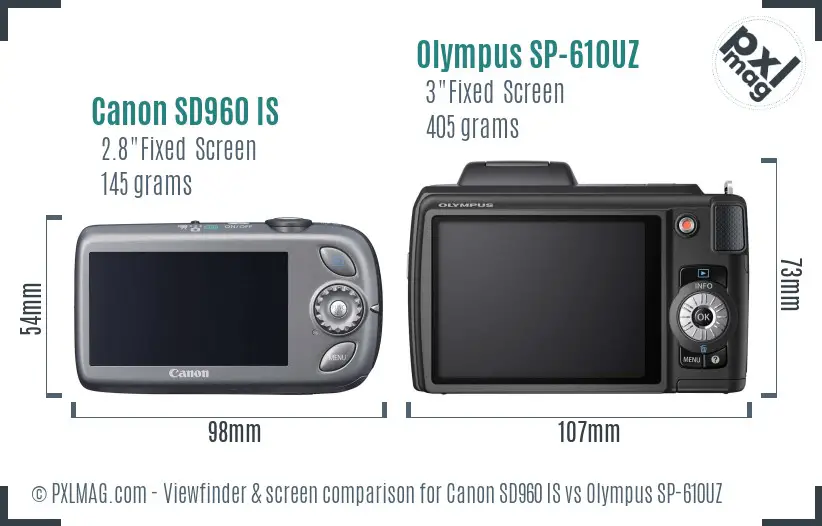 Canon SD960 IS vs Olympus SP-610UZ Screen and Viewfinder comparison