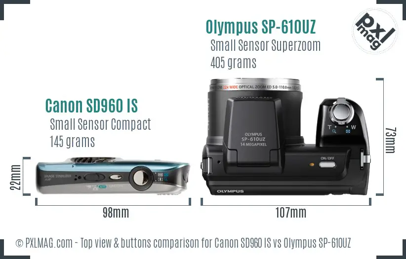 Canon SD960 IS vs Olympus SP-610UZ top view buttons comparison