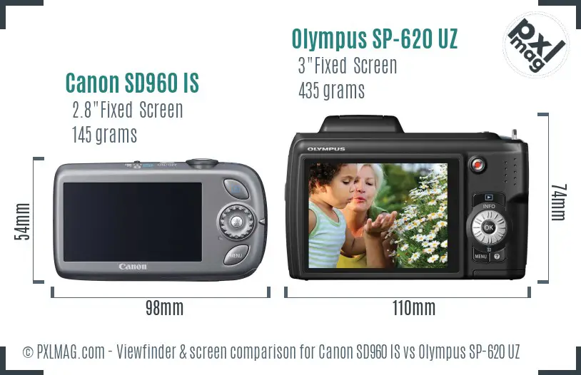 Canon SD960 IS vs Olympus SP-620 UZ Screen and Viewfinder comparison