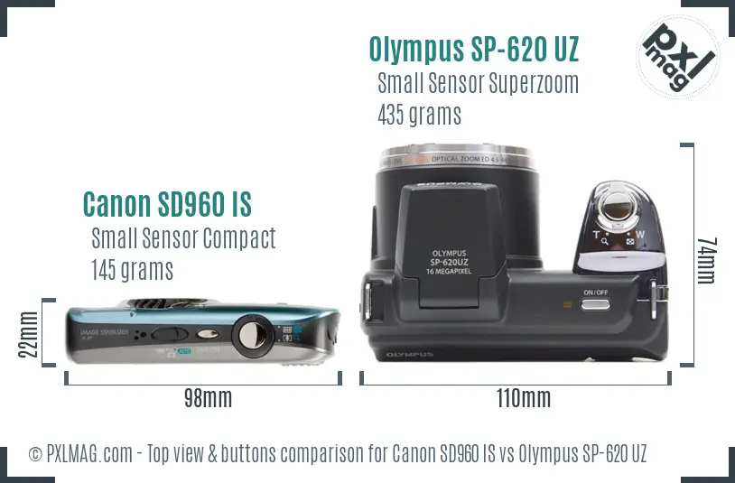 Canon SD960 IS vs Olympus SP-620 UZ top view buttons comparison