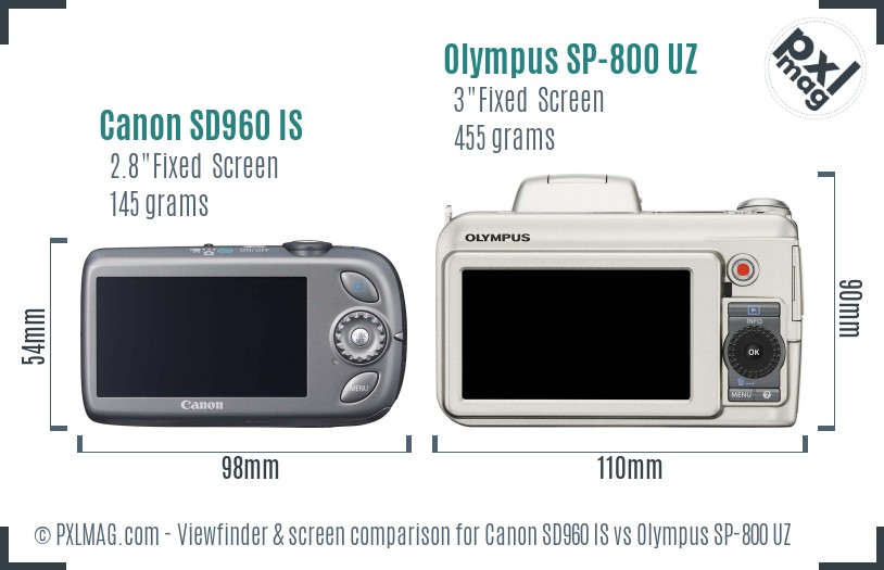 Canon SD960 IS vs Olympus SP-800 UZ Screen and Viewfinder comparison