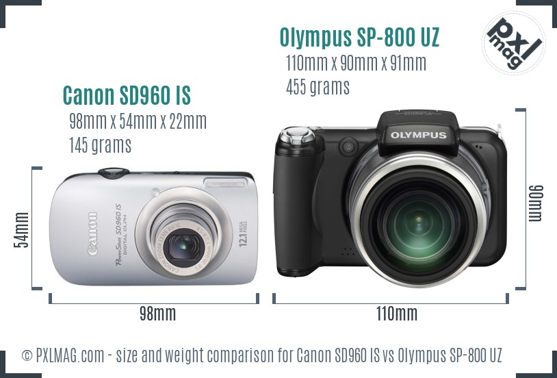 Canon SD960 IS vs Olympus SP-800 UZ size comparison Canon SD960 IS vs Olympus SP-800 UZ size comparison