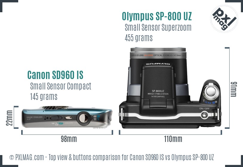 Canon SD960 IS vs Olympus SP-800 UZ top view buttons comparison