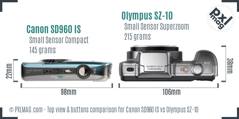 Canon SD960 IS vs Olympus SZ-10 top view buttons comparison