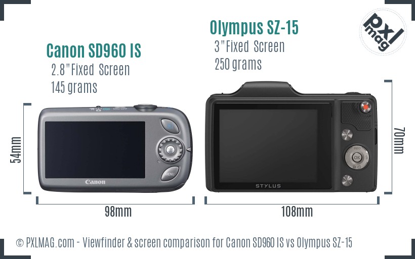 Canon SD960 IS vs Olympus SZ-15 Screen and Viewfinder comparison