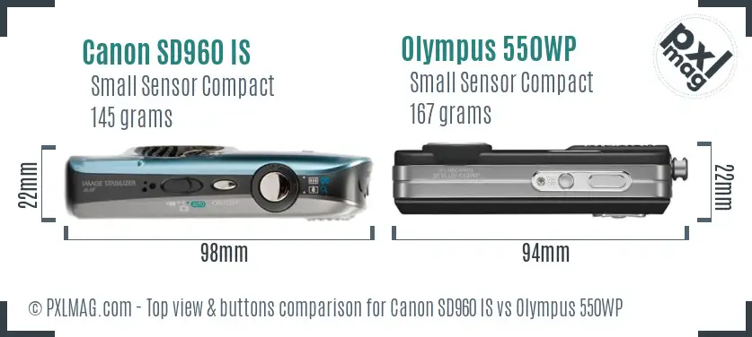 Canon SD960 IS vs Olympus 550WP top view buttons comparison Canon SD960 IS vs Olympus 550WP top view buttons comparison