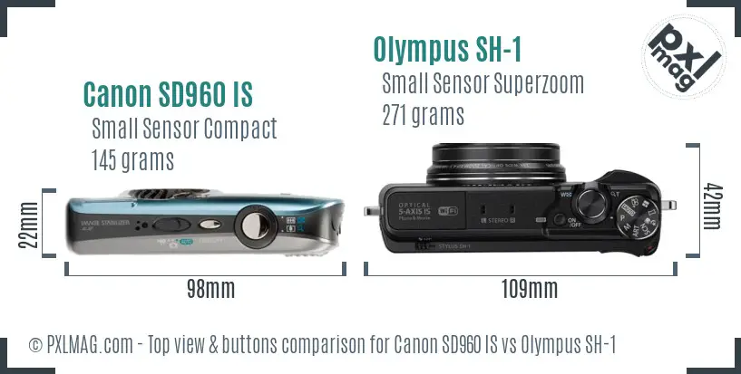 Canon SD960 IS vs Olympus SH-1 top view buttons comparison Canon SD960 IS vs Olympus SH-1 top view buttons comparison