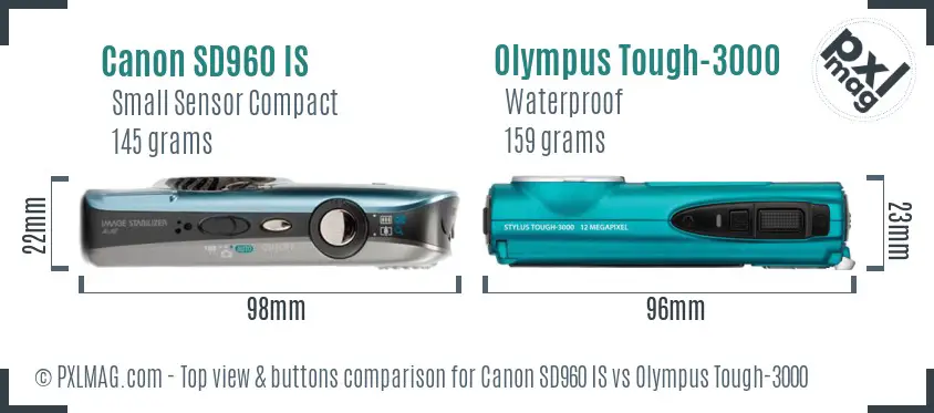 Canon SD960 IS vs Olympus Tough-3000 top view buttons comparison Canon SD960 IS vs Olympus Tough-3000 top view buttons comparison